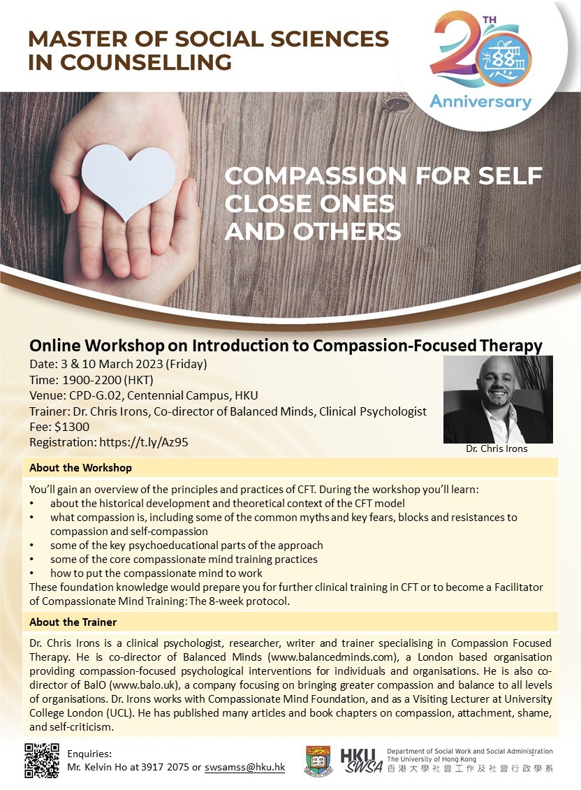 Master of Social Sciences in Counselling – Online Workshop on Introduction to Compassion-Focused Therapy