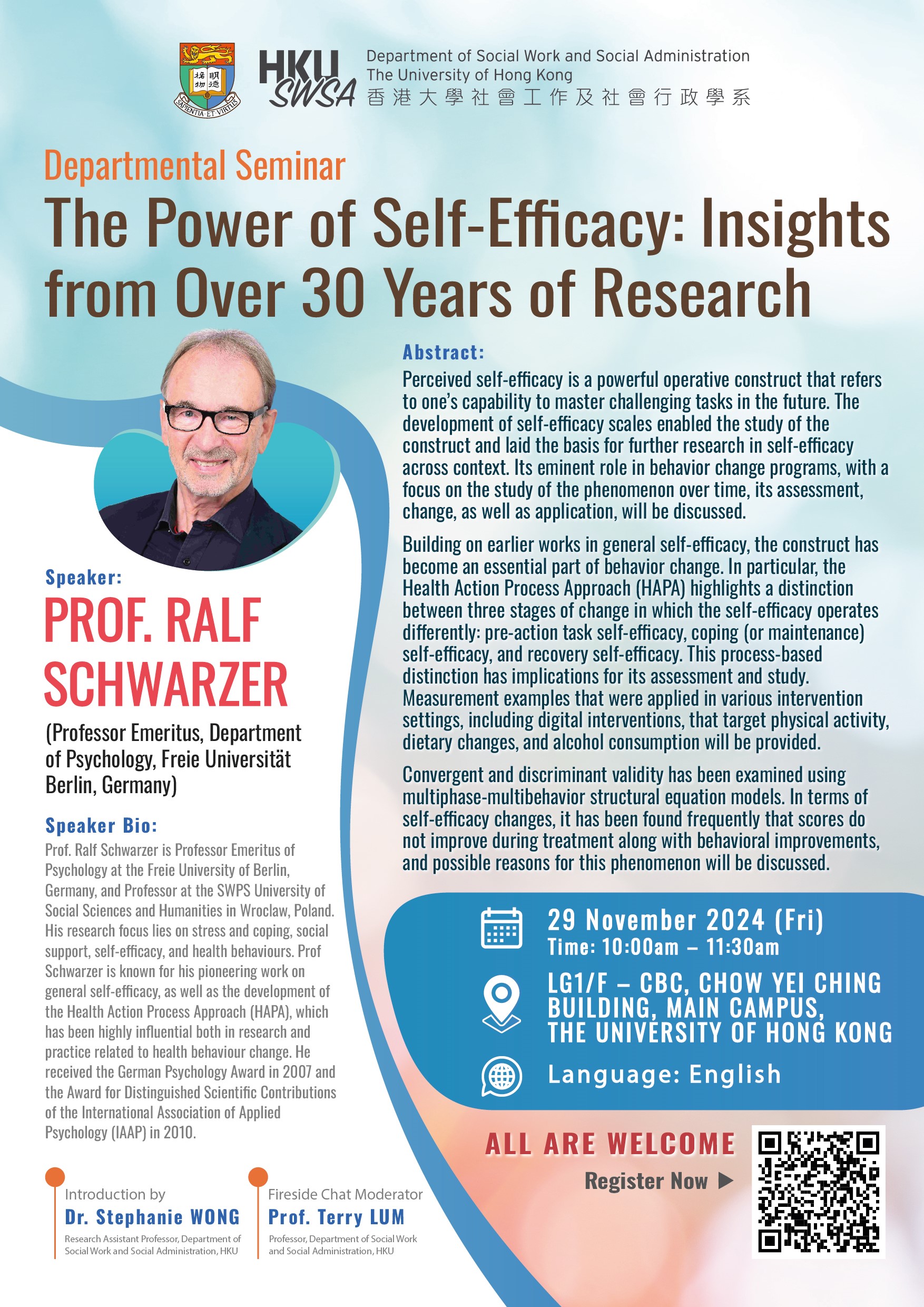 Departmental Seminar – The Power of Self-Efficacy: Insights from Over 30 Years of Research (Nov 29, 2024, Fri, 10:00am – 11:30am)