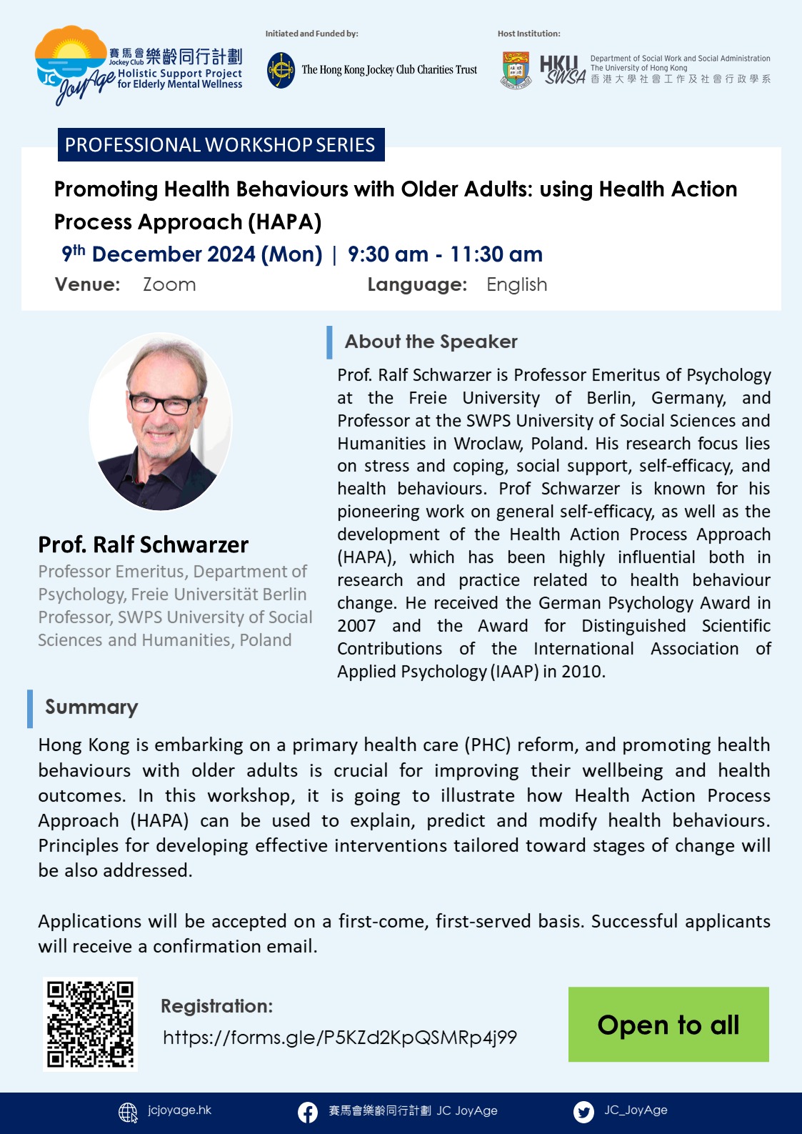 Professional Workshop Series Promoting Health Behaviours with Older Adults: using Health Action Process Approach (HAPA)