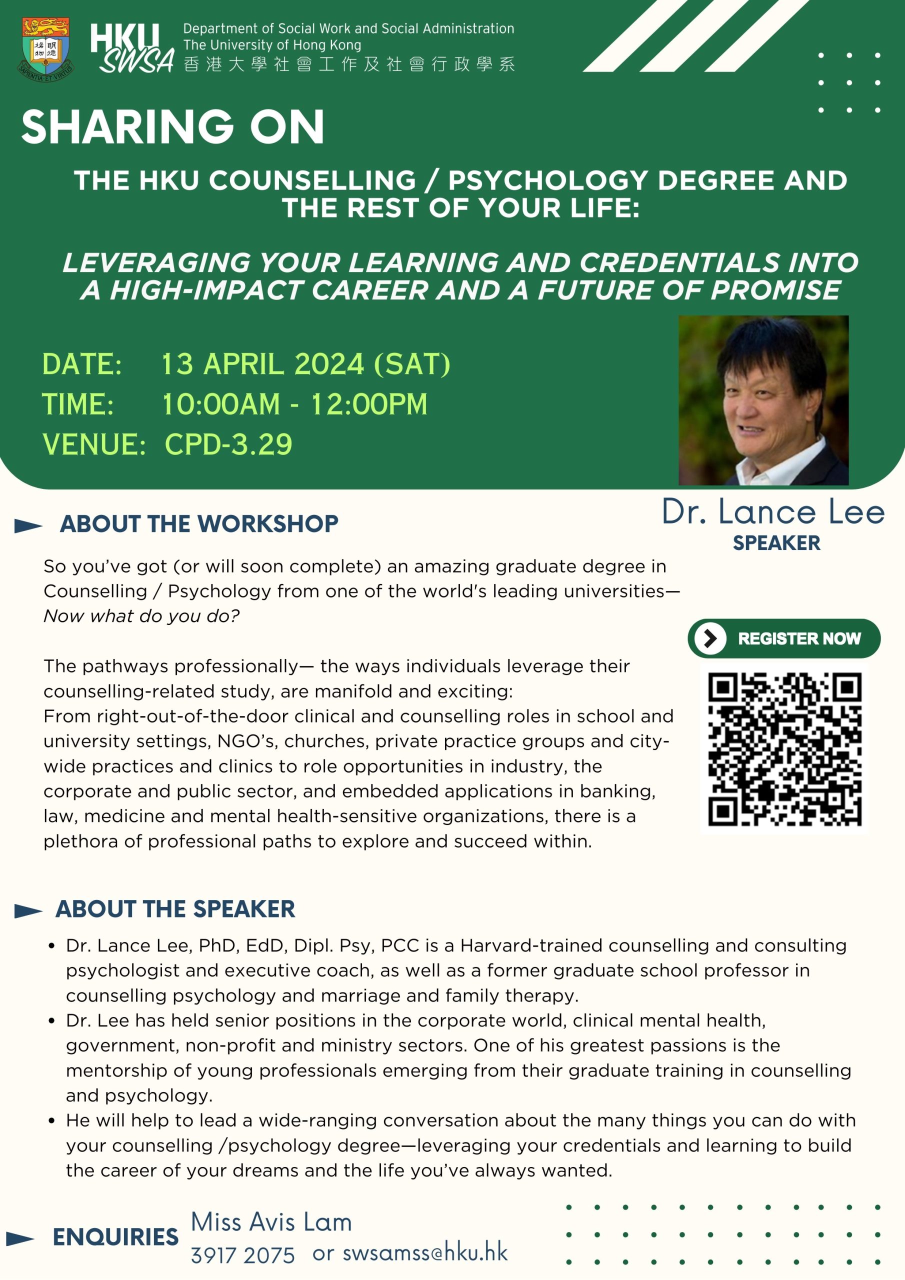 Sharing on The HKU Counselling / Psychology Degree and The Rest of Your Life: Leveraging Your Learning and Credentials into a High-Impact Career and a Future of Promise on 13 April 2024